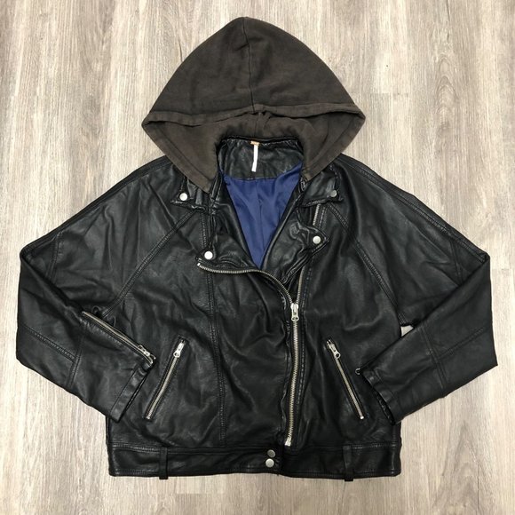 Free People Vegan Leather Jacket Women's Size Medium Black Moto Hooded Coat - Picture 3 of 12